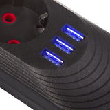 Napájecí lišta Maclean, 3zásuvkový prodlužovací kabel + 3xUSB, 110-240V AC 50/60Hz, 2,1A max. 2500W, 1,5 m, černá, MCE394 B