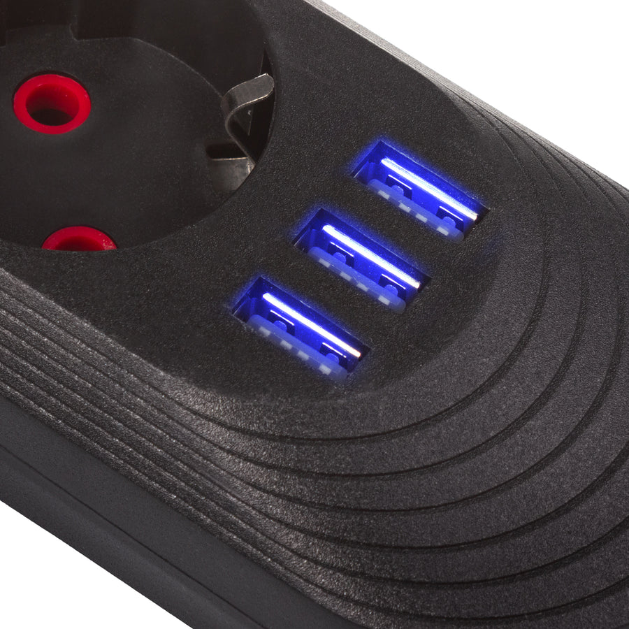 Napájecí lišta Maclean, 3zásuvkový prodlužovací kabel + 3xUSB, 110-240V AC 50/60Hz, 2,1A max. 2500W, 1,5 m, černá, MCE394 B