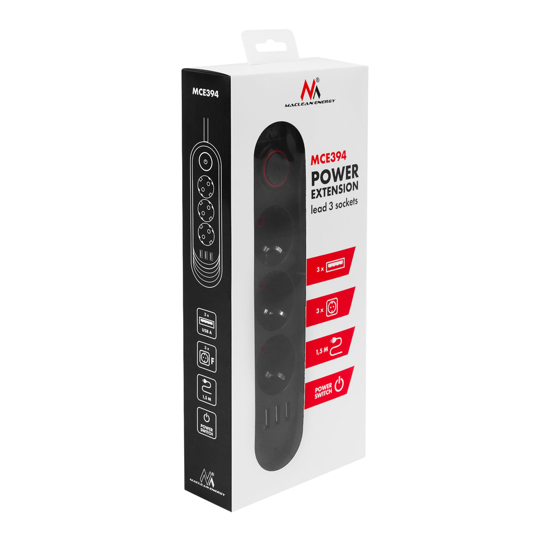 Napájecí lišta Maclean, 3zásuvkový prodlužovací kabel + 3xUSB, 110-240V AC 50/60Hz, 2,1A max. 2500W, 1,5 m, černá, MCE394 B