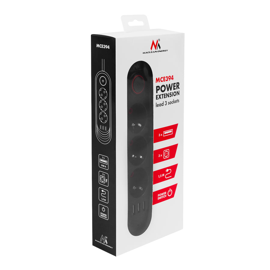 Napájecí lišta Maclean, 3zásuvkový prodlužovací kabel + 3xUSB, 110-240V AC 50/60Hz, 2,1A max. 2500W, 1,5 m, černá, MCE394 B