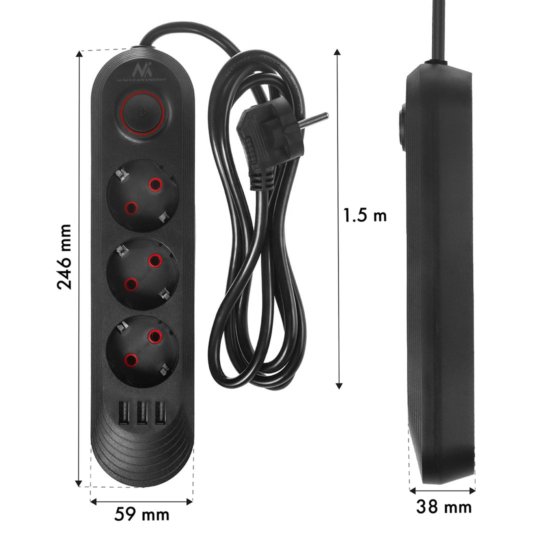 Napájecí lišta Maclean, 3zásuvkový prodlužovací kabel + 3xUSB, 110-240V AC 50/60Hz, 2,1A max. 2500W, 1,5 m, černá, MCE394 B