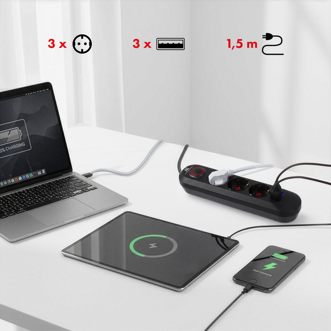 Napájecí lišta Maclean, 3zásuvkový prodlužovací kabel + 3xUSB, 110-240V AC 50/60Hz, 2,1A max. 2500W, 1,5 m, černá, MCE394 B