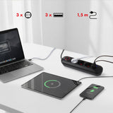 Napájecí lišta Maclean, 3zásuvkový prodlužovací kabel + 3xUSB, 110-240V AC 50/60Hz, 2,1A max. 2500W, 1,5 m, černá, MCE394 B