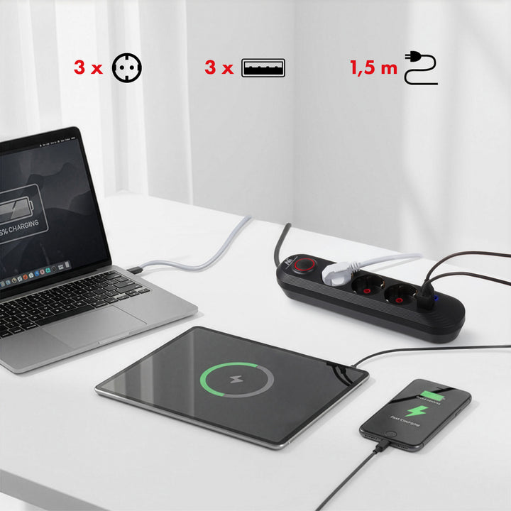 Napájecí lišta Maclean, 3zásuvkový prodlužovací kabel + 3xUSB, 110-240V AC 50/60Hz, 2,1A max. 2500W, 1,5 m, černá, MCE394 B