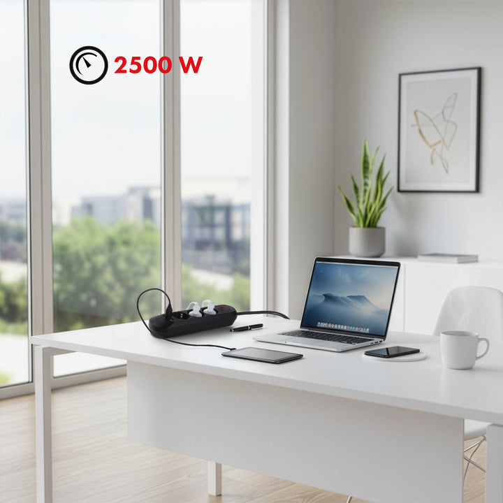 Napájecí lišta Maclean, 3zásuvkový prodlužovací kabel + 3xUSB, 110-240V AC 50/60Hz, 2,1A max. 2500W, 1,5 m, černá, MCE394 B