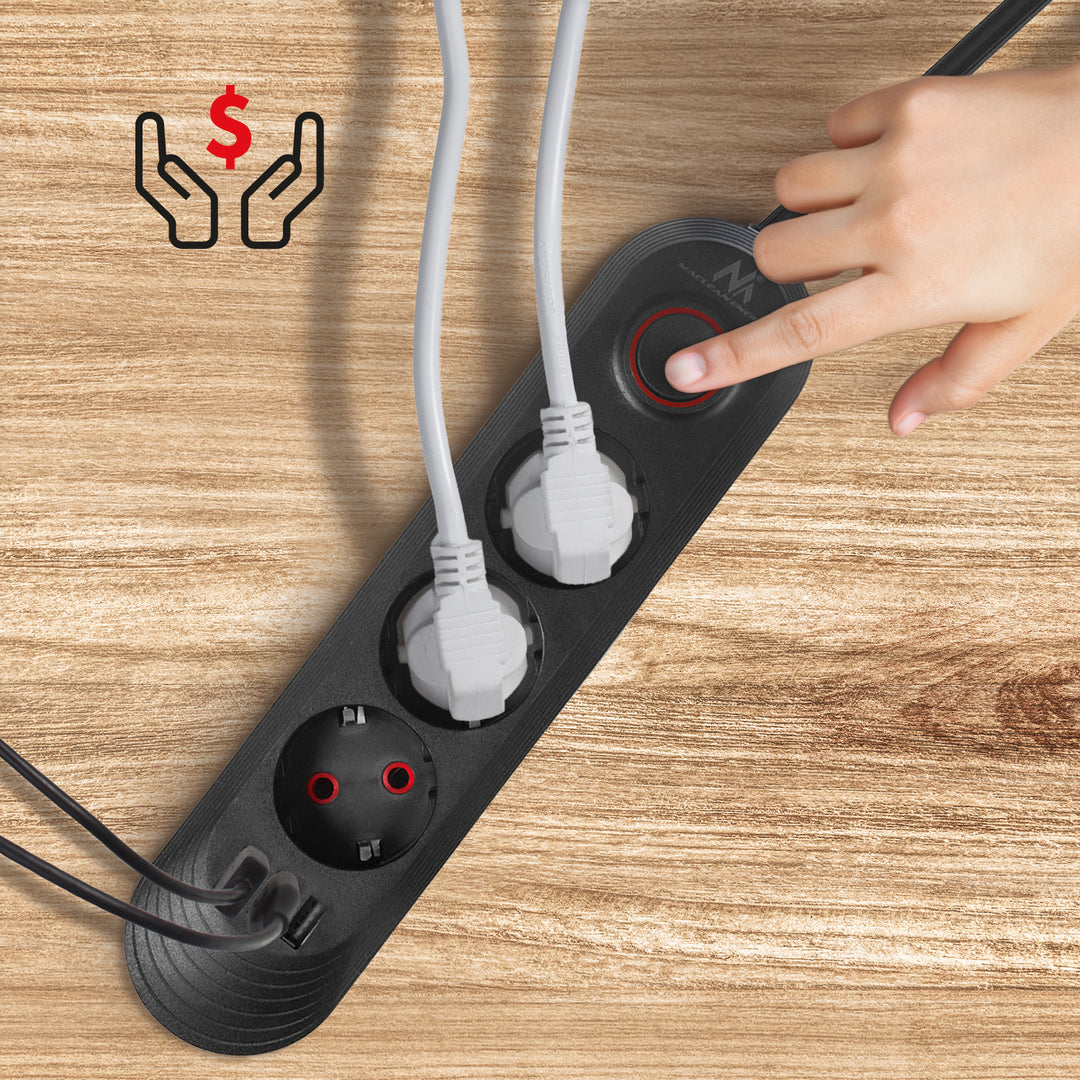 Napájecí lišta Maclean, 3zásuvkový prodlužovací kabel + 3xUSB, 110-240V AC 50/60Hz, 2,1A max. 2500W, 1,5 m, černá, MCE394 B