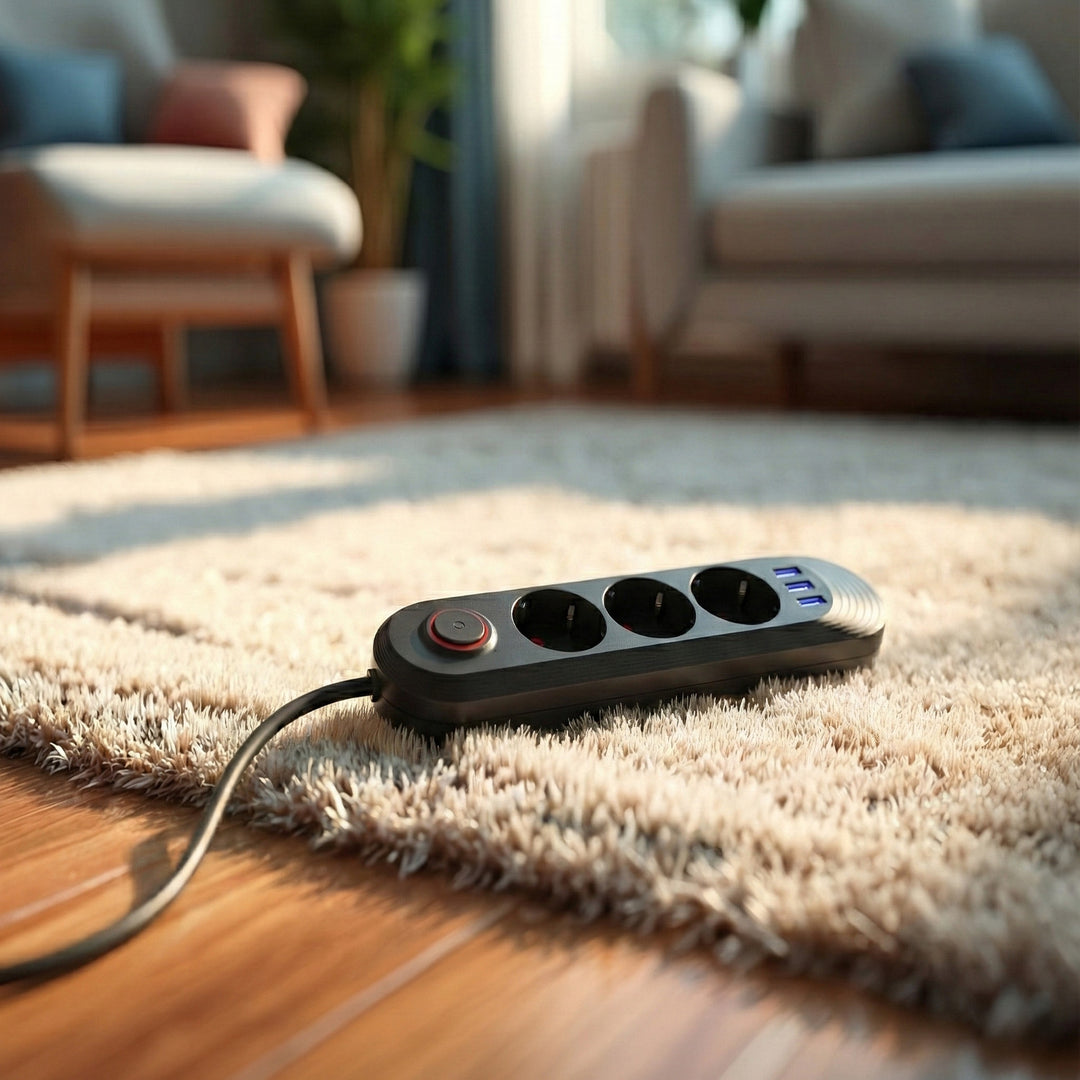 Napájecí lišta Maclean, 3zásuvkový prodlužovací kabel + 3xUSB, 110-240V AC 50/60Hz, 2,1A max. 2500W, 1,5 m, černá, MCE394 B