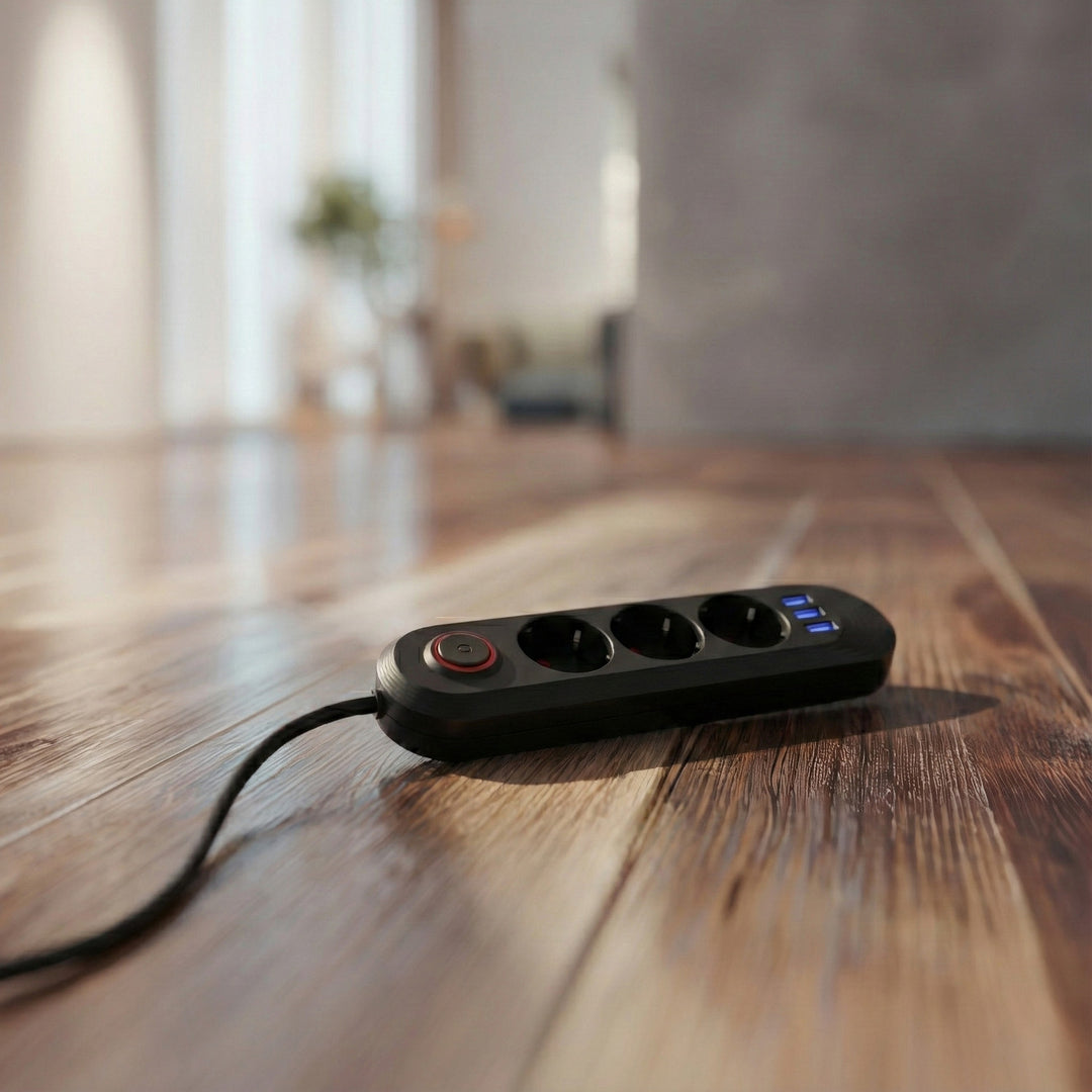 Napájecí lišta Maclean, 3zásuvkový prodlužovací kabel + 3xUSB, 110-240V AC 50/60Hz, 2,1A max. 2500W, 1,5 m, černá, MCE394 B