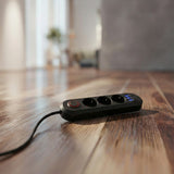 Napájecí lišta Maclean, 3zásuvkový prodlužovací kabel + 3xUSB, 110-240V AC 50/60Hz, 2,1A max. 2500W, 1,5 m, černá, MCE394 B