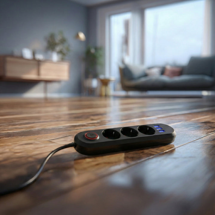 Napájecí lišta Maclean, 3zásuvkový prodlužovací kabel + 3xUSB, 110-240V AC 50/60Hz, 2,1A max. 2500W, 1,5 m, černá, MCE394 B