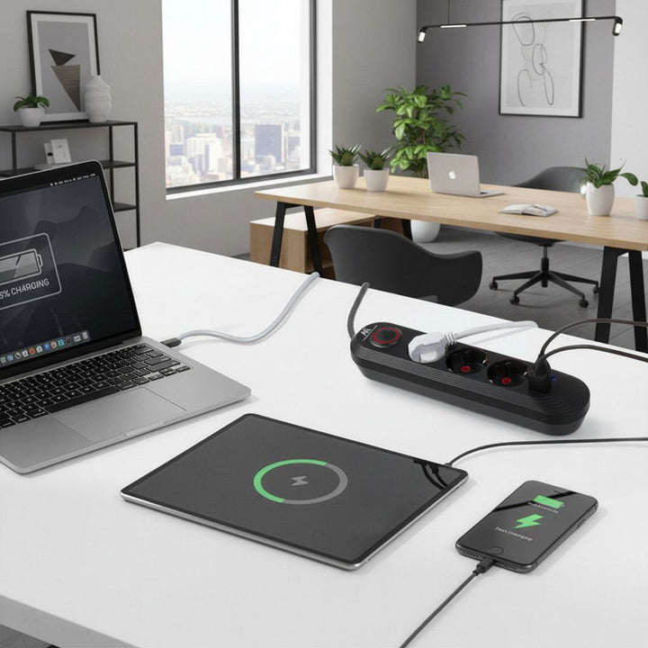 Napájecí lišta Maclean, 3zásuvkový prodlužovací kabel + 3xUSB, 110-240V AC 50/60Hz, 2,1A max. 2500W, 1,5 m, černá, MCE394 B