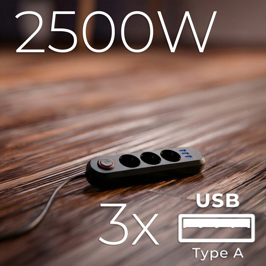 Napájecí lišta Maclean, 3zásuvkový prodlužovací kabel + 3xUSB, 110-240V AC 50/60Hz, 2,1A max. 2500W, 1,5 m, černá, MCE394 B