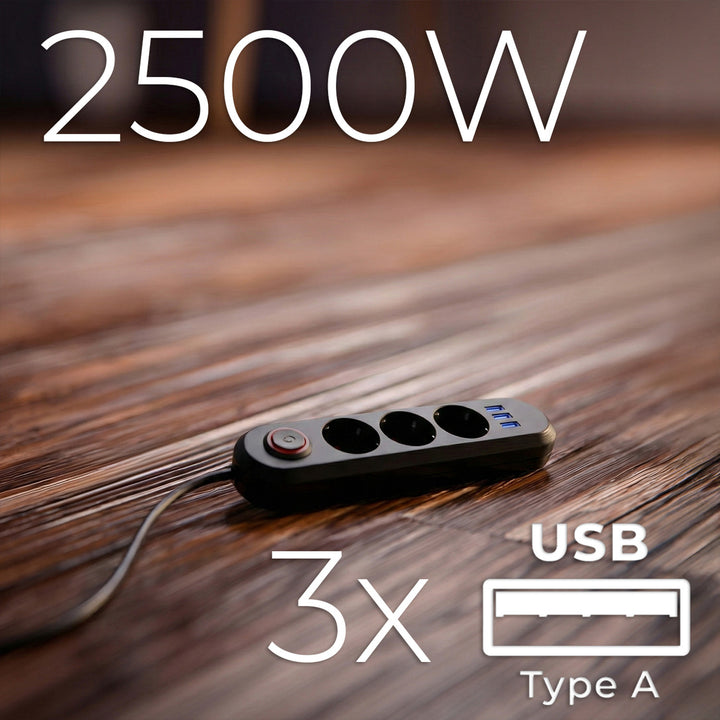 Napájecí lišta Maclean, 3zásuvkový prodlužovací kabel + 3xUSB, 110-240V AC 50/60Hz, 2,1A max. 2500W, 1,5 m, černá, MCE394 B