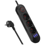 Napájecí lišta Maclean, 3zásuvkový prodlužovací kabel + 3xUSB, 110-240V AC 50/60Hz, 2,1A max. 2500W, 1,5 m, černá, MCE394 B
