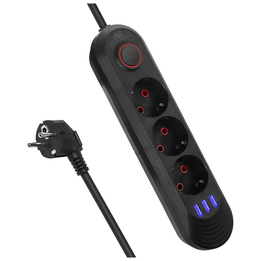 Napájecí lišta Maclean, 3zásuvkový prodlužovací kabel + 3xUSB, 110-240V AC 50/60Hz, 2,1A max. 2500W, 1,5 m, černá, MCE394 B