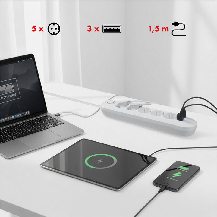 Napájecí lišta Maclean, prodlužovací kabel s 5 zásuvkami + 3xUSB, 110-240V AC 50/60Hz, 2,1A max. 2500W, 1,5 m, bílá, MCE395 W