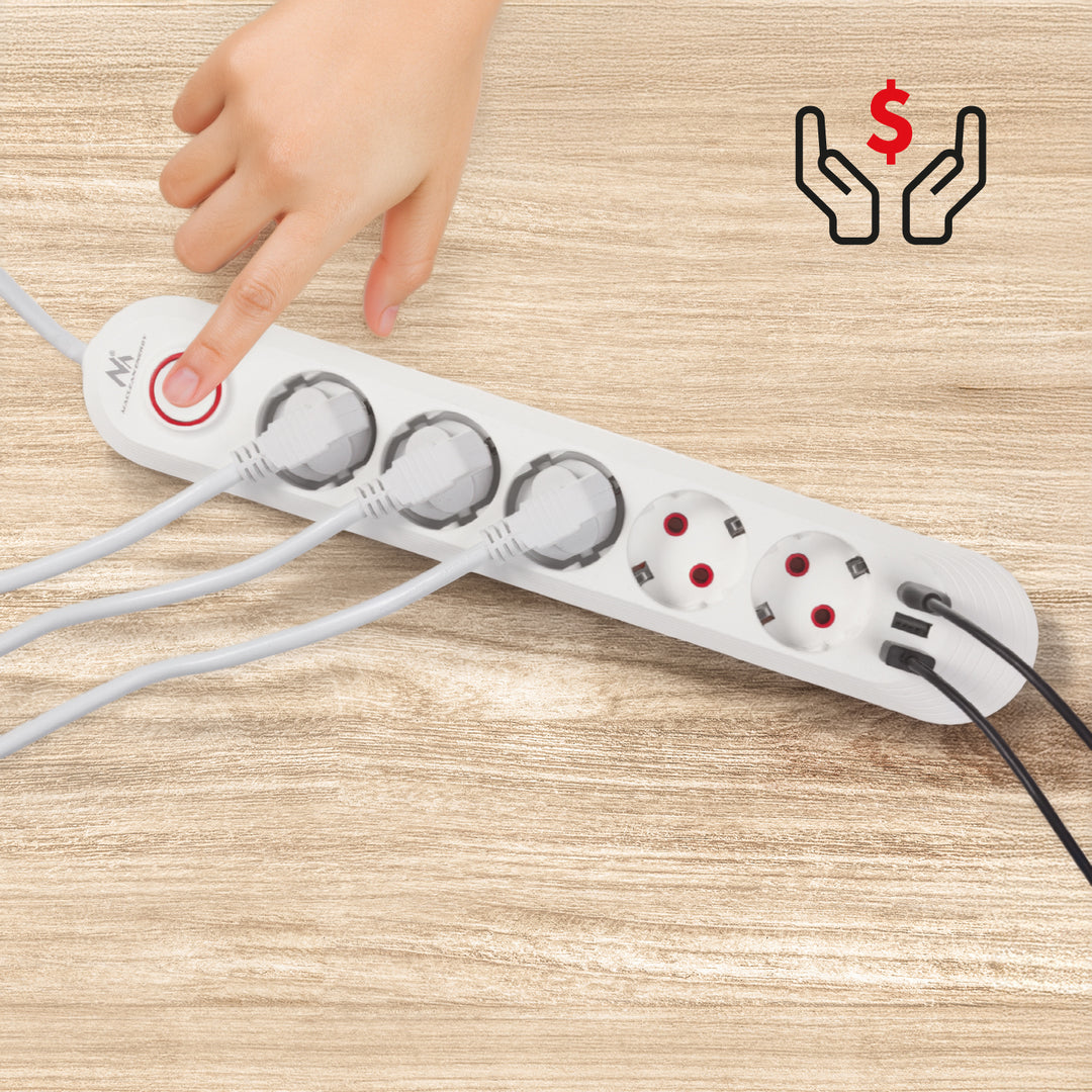 Napájecí lišta Maclean, prodlužovací kabel s 5 zásuvkami + 3xUSB, 110-240V AC 50/60Hz, 2,1A max. 2500W, 1,5 m, bílá, MCE395 W