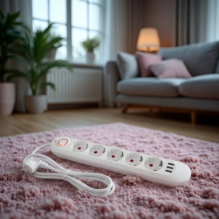 Napájecí lišta Maclean, prodlužovací kabel s 5 zásuvkami + 3xUSB, 110-240V AC 50/60Hz, 2,1A max. 2500W, 1,5 m, bílá, MCE395 W