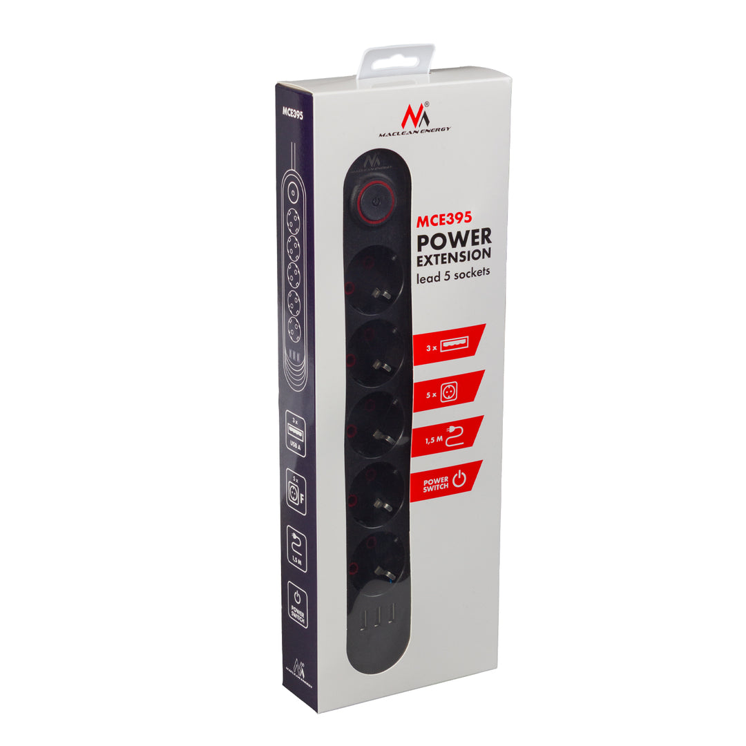 Napájecí lišta Maclean, prodlužovací kabel s 5 zásuvkami + 3xUSB, 110-240V AC 50/60Hz, 2,1A max. 2500W, 1,5 m, černá, MCE395 B