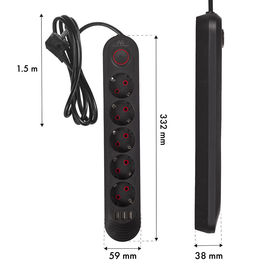 Napájecí lišta Maclean, prodlužovací kabel s 5 zásuvkami + 3xUSB, 110-240V AC 50/60Hz, 2,1A max. 2500W, 1,5 m, černá, MCE395 B