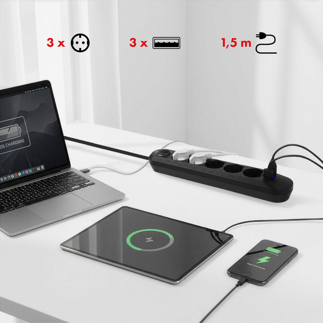 Napájecí lišta Maclean, prodlužovací kabel s 5 zásuvkami + 3xUSB, 110-240V AC 50/60Hz, 2,1A max. 2500W, 1,5 m, černá, MCE395 B