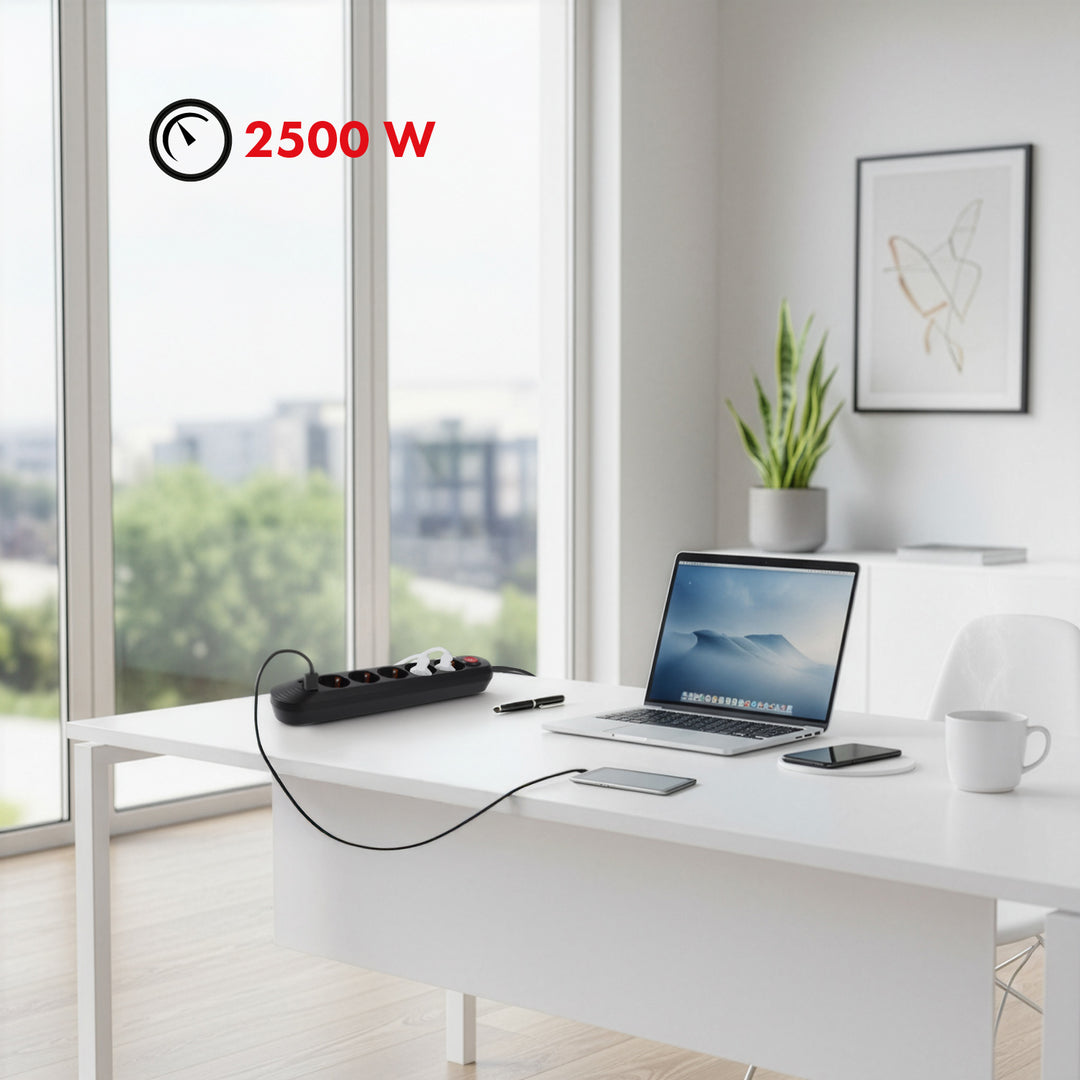 Napájecí lišta Maclean, prodlužovací kabel s 5 zásuvkami + 3xUSB, 110-240V AC 50/60Hz, 2,1A max. 2500W, 1,5 m, černá, MCE395 B