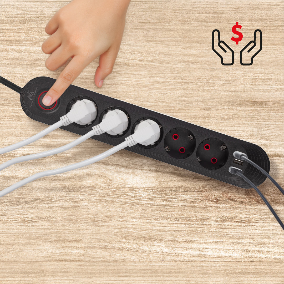 Napájecí lišta Maclean, prodlužovací kabel s 5 zásuvkami + 3xUSB, 110-240V AC 50/60Hz, 2,1A max. 2500W, 1,5 m, černá, MCE395 B