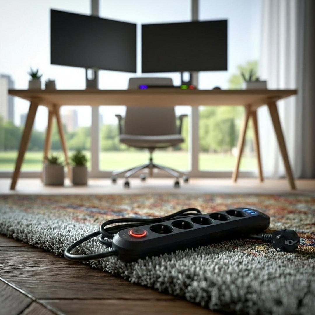 Napájecí lišta Maclean, prodlužovací kabel s 5 zásuvkami + 3xUSB, 110-240V AC 50/60Hz, 2,1A max. 2500W, 1,5 m, černá, MCE395 B