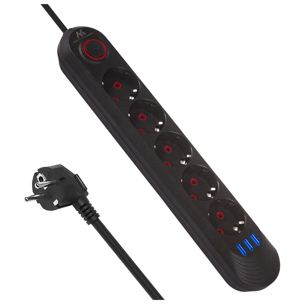 Napájecí lišta Maclean, prodlužovací kabel s 5 zásuvkami + 3xUSB, 110-240V AC 50/60Hz, 2,1A max. 2500W, 1,5 m, černá, MCE395 B