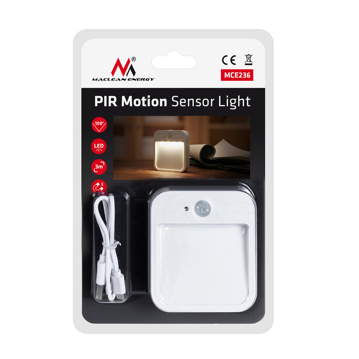 Schodišťové světlo Maclean LED, s detektorem pohybu, teplota 4000K, 3,7V/500mAh, 4 LED, dosah 3-4m, MCE236, 4 kusy