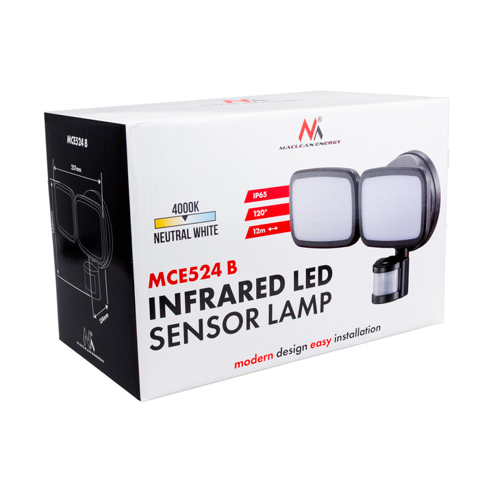 Nástěnná LED lampa Maclean, s PIR senzorem, 20 W, 1500 lm, IP65, neutrální bílá 4000 K, černá, MCE524 B