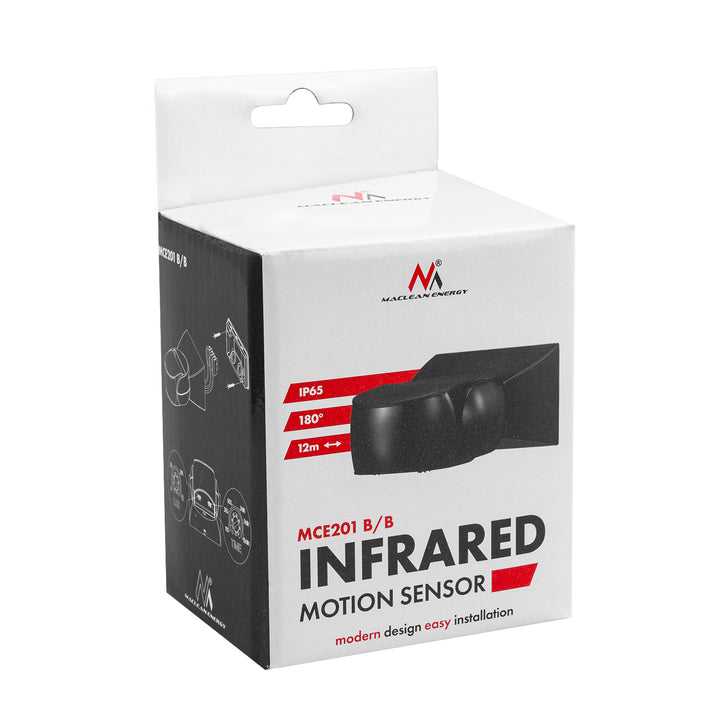 PIR pohybový senzor Maclean, infračervený, IP65, černý s černou clonou, dosah 12 m, MCE201 B/B