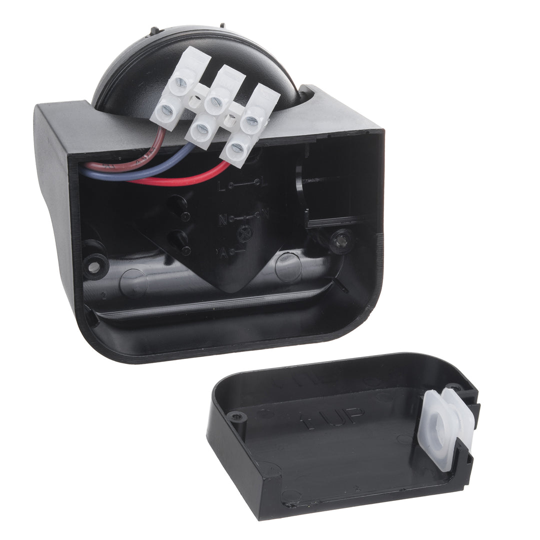 PIR pohybový senzor Maclean, infračervený, IP44, černý s černou clonou, dosah 12 m, max. zatížení 300/1200 W, MCE358 B/B