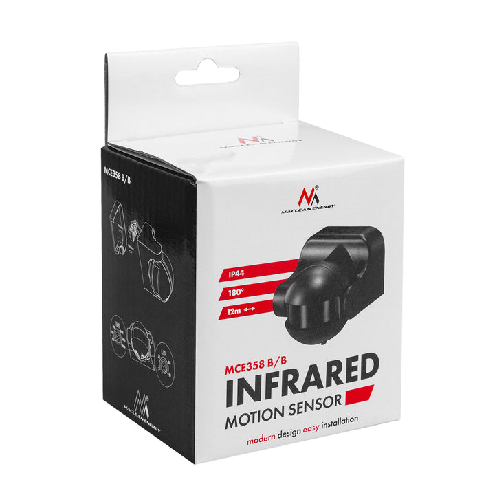 PIR pohybový senzor Maclean, infračervený, IP44, černý s černou clonou, dosah 12 m, max. zatížení 300/1200 W, MCE358 B/B