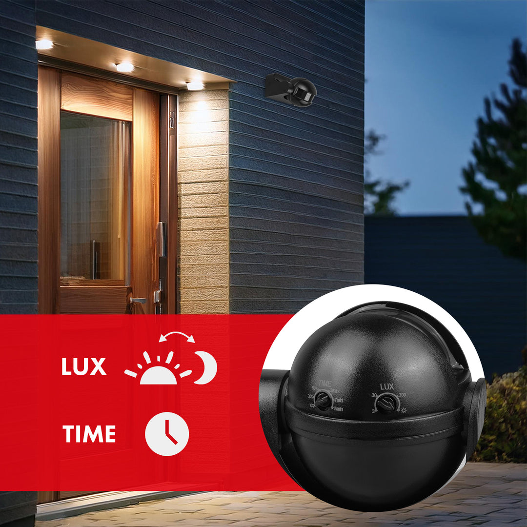 PIR pohybový senzor Maclean, infračervený, IP44, černý s černou clonou, dosah 12 m, max. zatížení 300/1200 W, MCE358 B/B