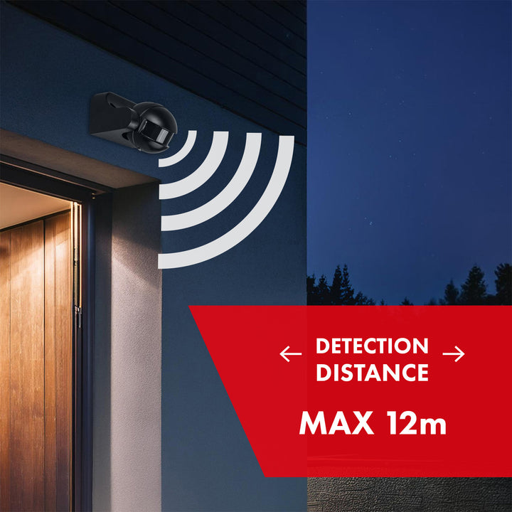 PIR pohybový senzor Maclean, infračervený, IP44, černý s černou clonou, dosah 12 m, max. zatížení 300/1200 W, MCE358 B/B