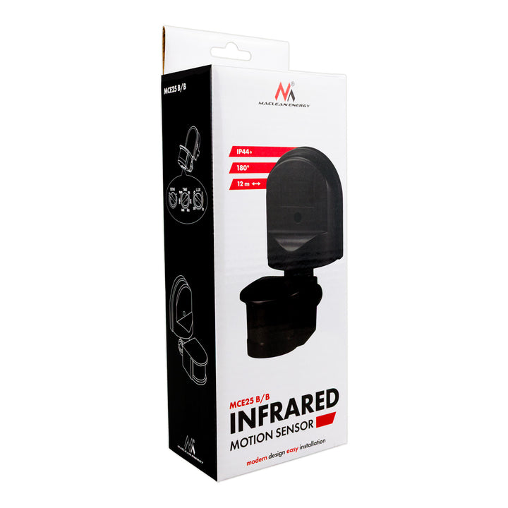 Nástěnný pohybový a soumrakový senzor Maclean, 180°, max. 1200 W, černý s černou clonou, MCE25 B/B