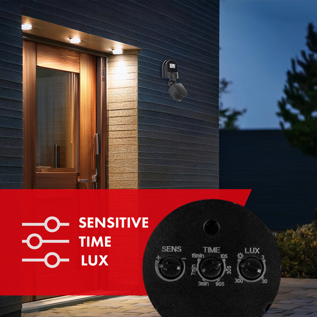 Nástěnný pohybový a soumrakový senzor Maclean, 180°, max. 1200 W, černý s černou clonou, MCE25 B/B