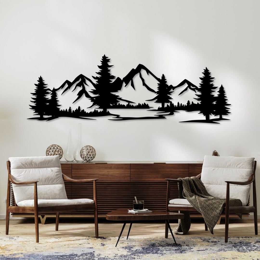 Ažurový obraz, 3D dekorace na zeď, 3D obraz "Hory s lesem" 100x34cm Černá