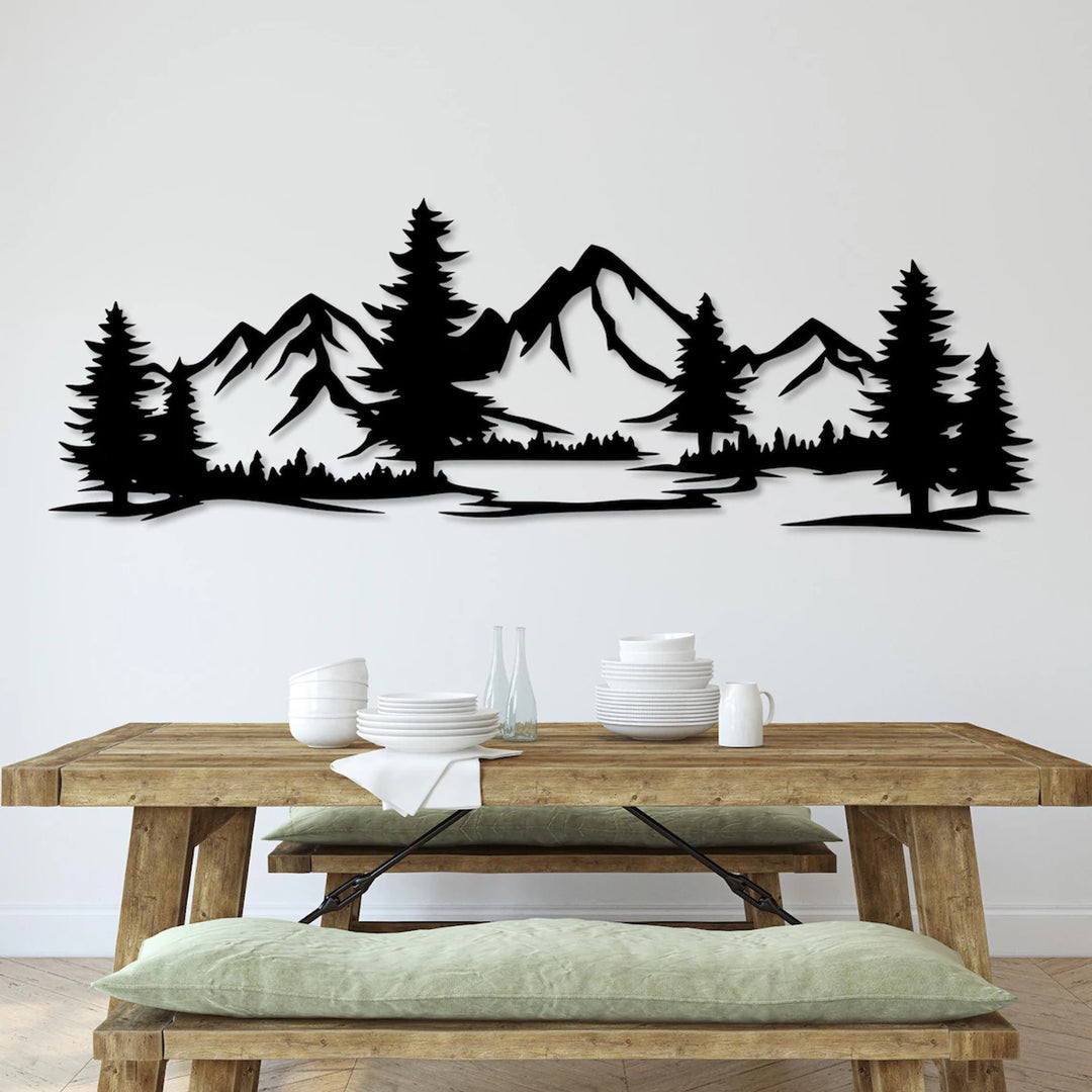 Ažurový obraz, 3D dekorace na zeď, 3D obraz "Hory s lesem" 100x34cm Černá