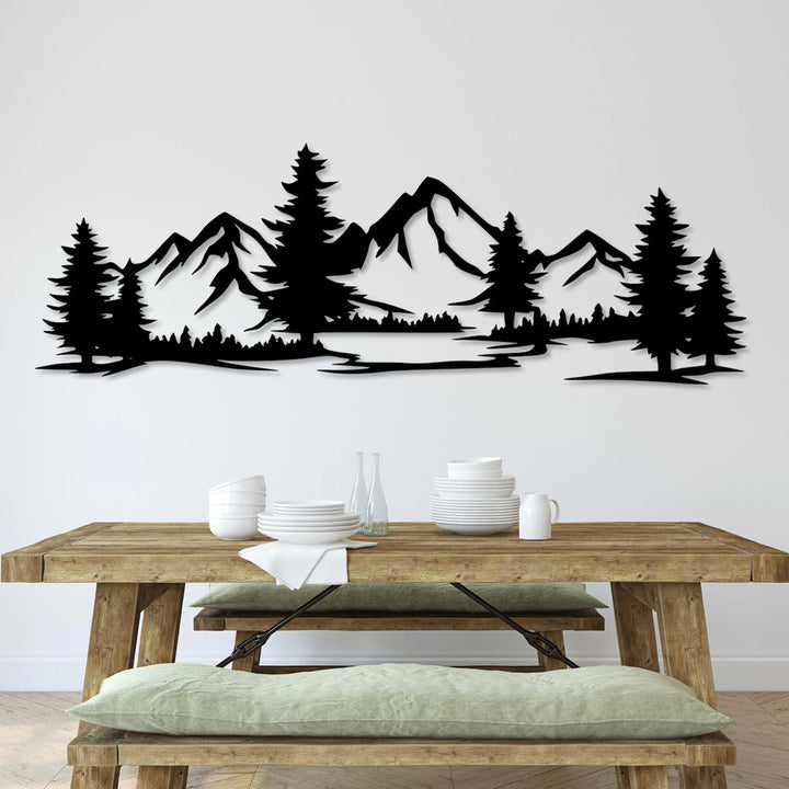 Ažurový obraz, 3D dekorace na zeď, 3D obraz "Hory s lesem" 100x34cm Černá