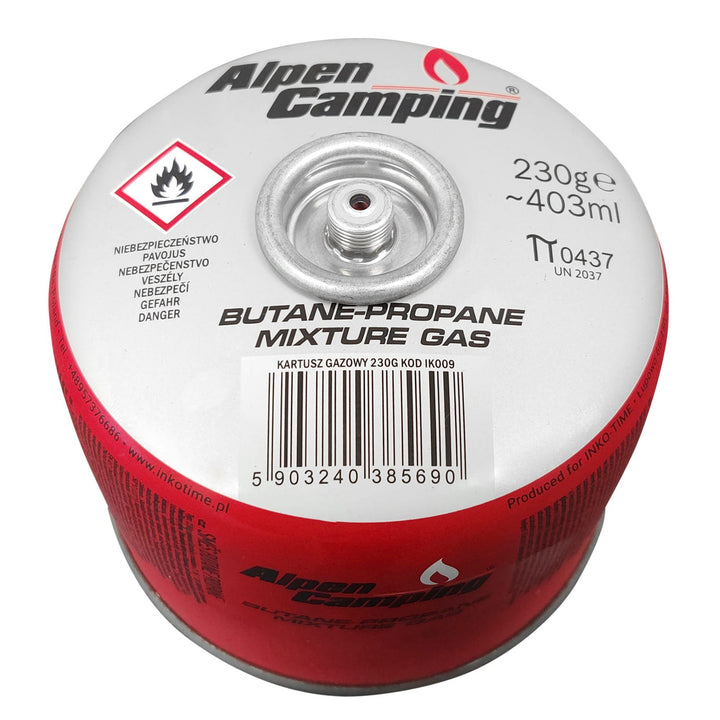 Plynová kartuše 230g Alpen Camping. Certifikát: Rozsah -10°C až + 40°C, závitový ventil 7/16" IK009.