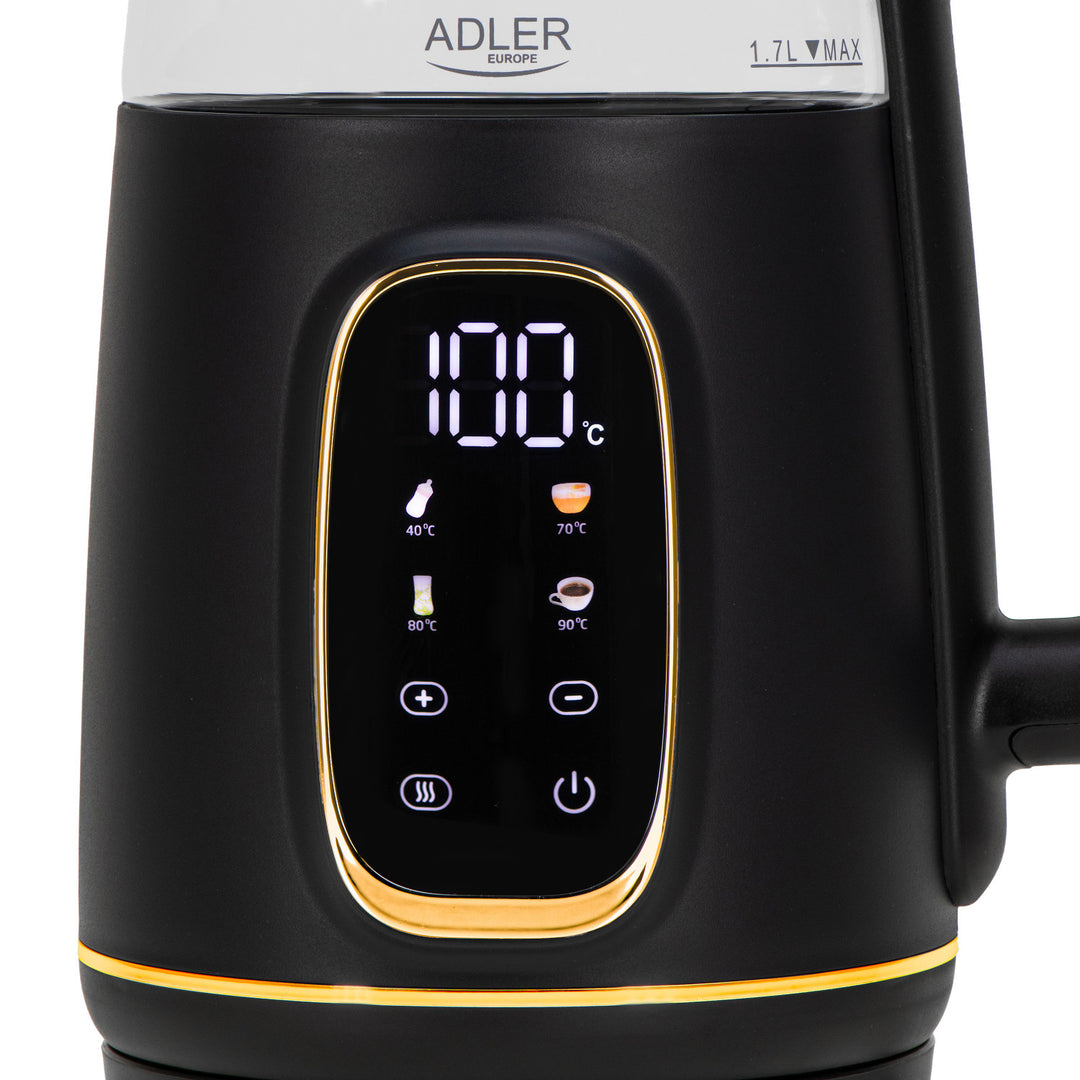 Skleněná rychlovarná konvice Adler 1,7 l, černo-zlatá, regulace teploty, LED displej, AD 1305 bg