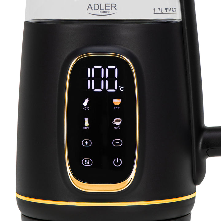 Skleněná rychlovarná konvice Adler 1,7 l, černo-zlatá, regulace teploty, LED displej, AD 1305 bg
