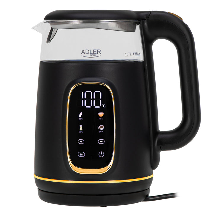 Skleněná rychlovarná konvice Adler 1,7 l, černo-zlatá, regulace teploty, LED displej, AD 1305 bg