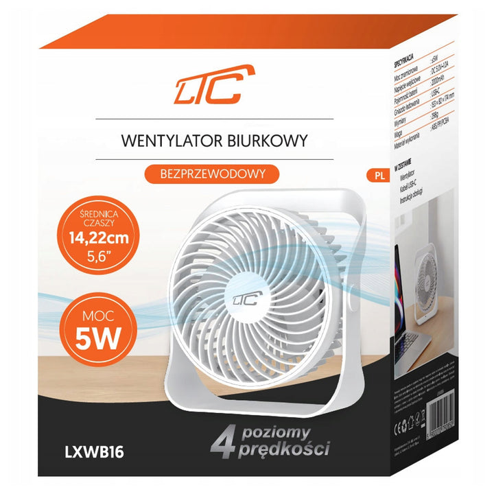Bezdrátový stolní ventilátor LTC, nabíjení přes USB C, 4 úrovně rychlosti, baterie 2000 mAh, LXWB16