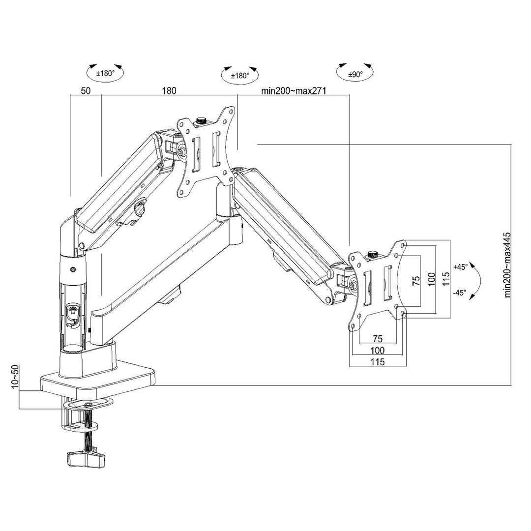 Držák pro 2 monitory Maclean, plynová pružina, 17"-32", 2-10 kg, černý, MC-134