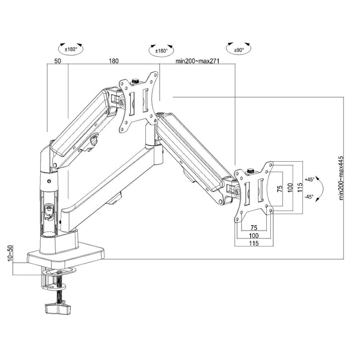 Držák pro 2 monitory Maclean, plynová pružina, 17"-32", 2-10 kg, černý, MC-134
