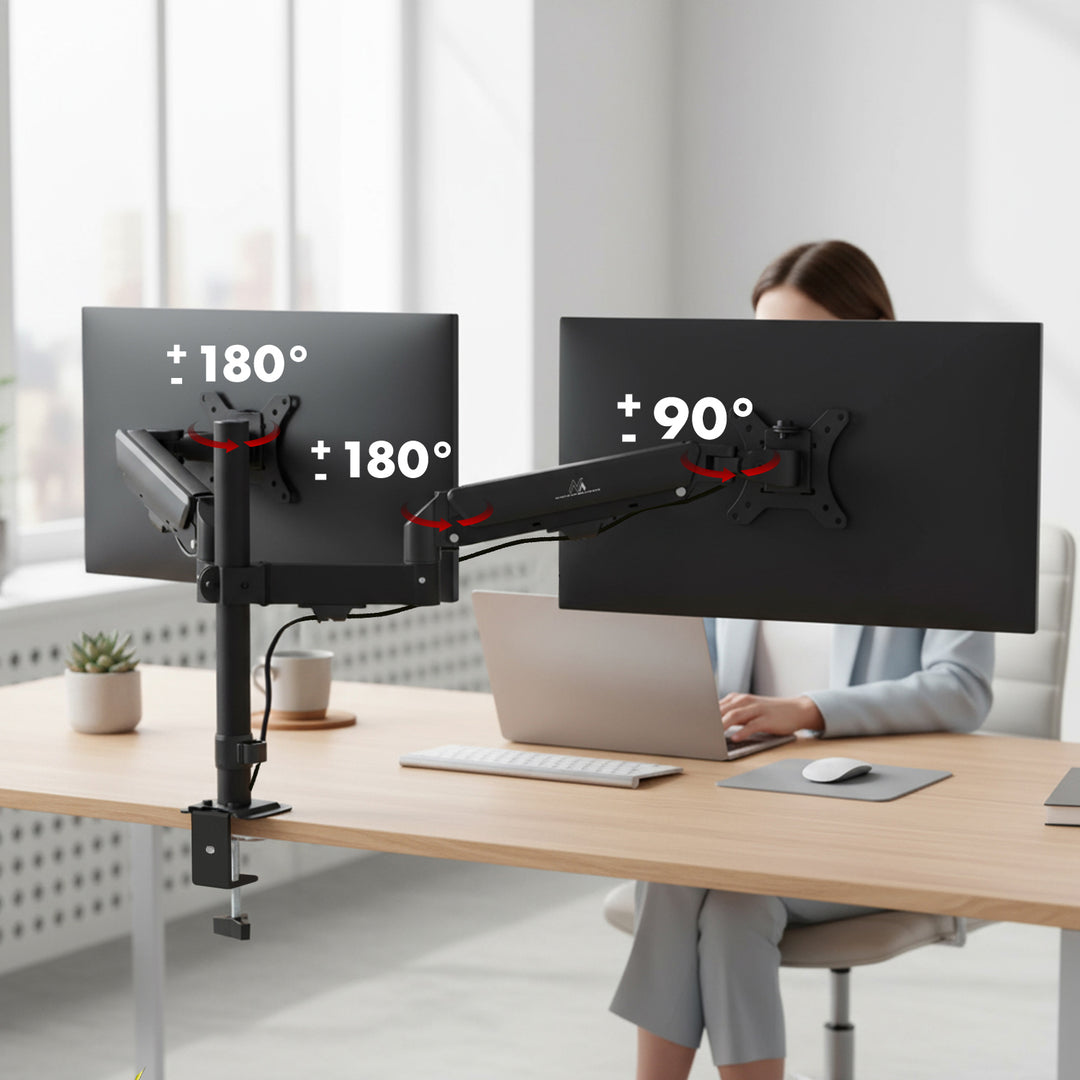 Držák pro 2 monitory Maclean, plynová pružina, 17"-32", 2-10 kg, černý, MC-136