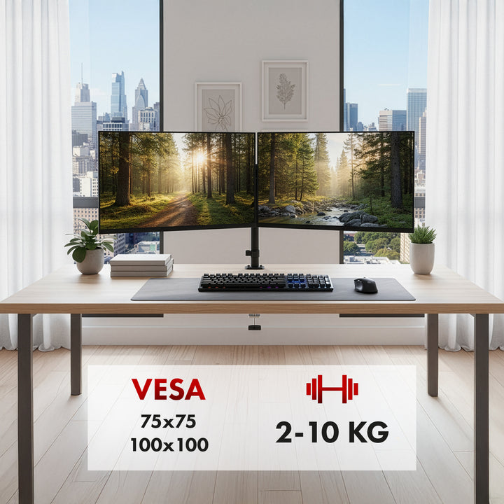 Držák pro 2 monitory Maclean, plynová pružina, 17"-32", 2-10 kg, černý, MC-136